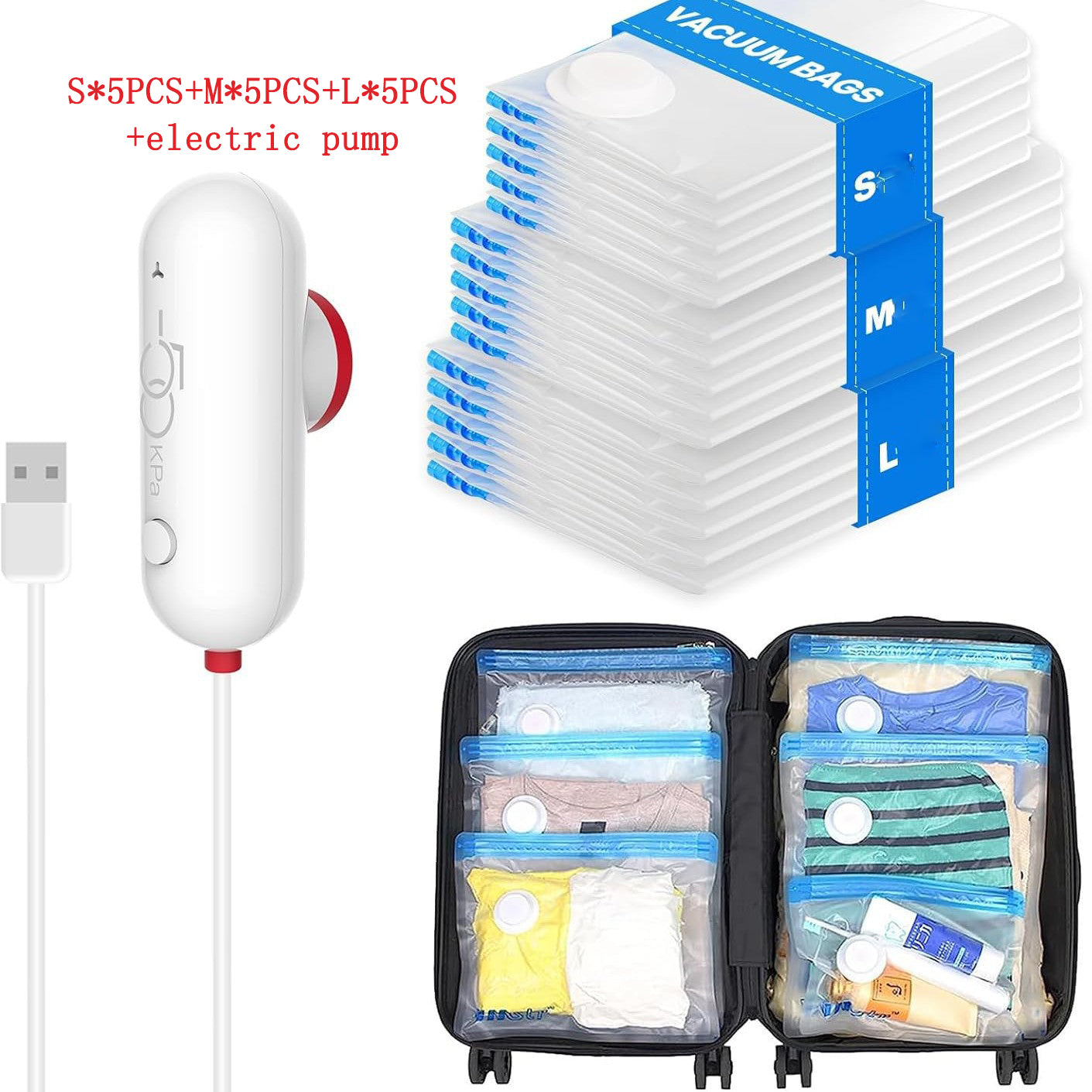 Vacuum compression power pump with lightweight travel bag