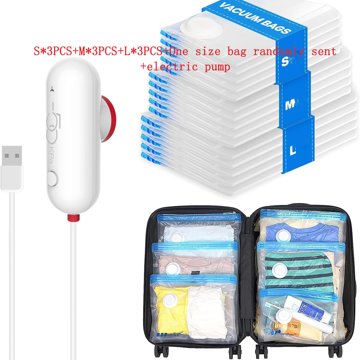 Vacuum compression power pump with lightweight travel bag