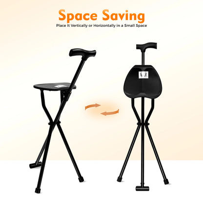 Cane with Seat Folding Walking Cane Chair, Stool Supports Up To 249.12lbs, 3 Legs Cane Seat Walking Stick 35.4 Inches Tall