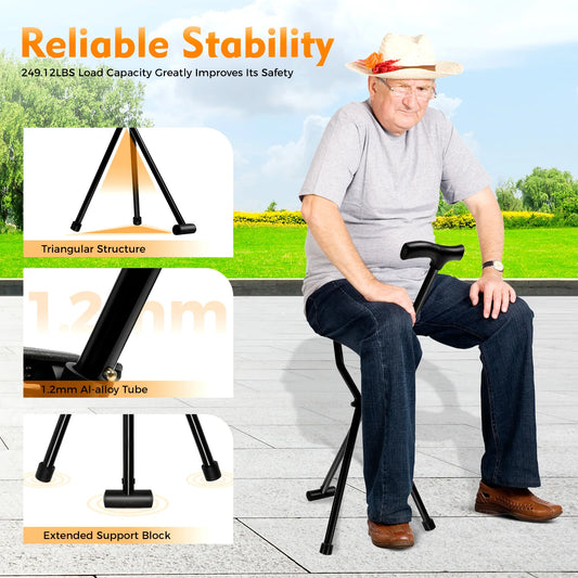Cane with Seat Folding Walking Cane Chair, Stool Supports Up To 249.12lbs, 3 Legs Cane Seat Walking Stick 35.4 Inches Tall