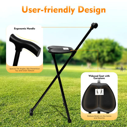 Cane with Seat Folding Walking Cane Chair, Stool Supports Up To 249.12lbs, 3 Legs Cane Seat Walking Stick 35.4 Inches Tall