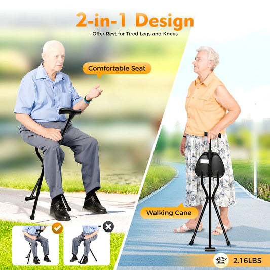 Cane with Seat Folding Walking Cane Chair, Stool Supports Up To 249.12lbs, 3 Legs Cane Seat Walking Stick 35.4 Inches Tall